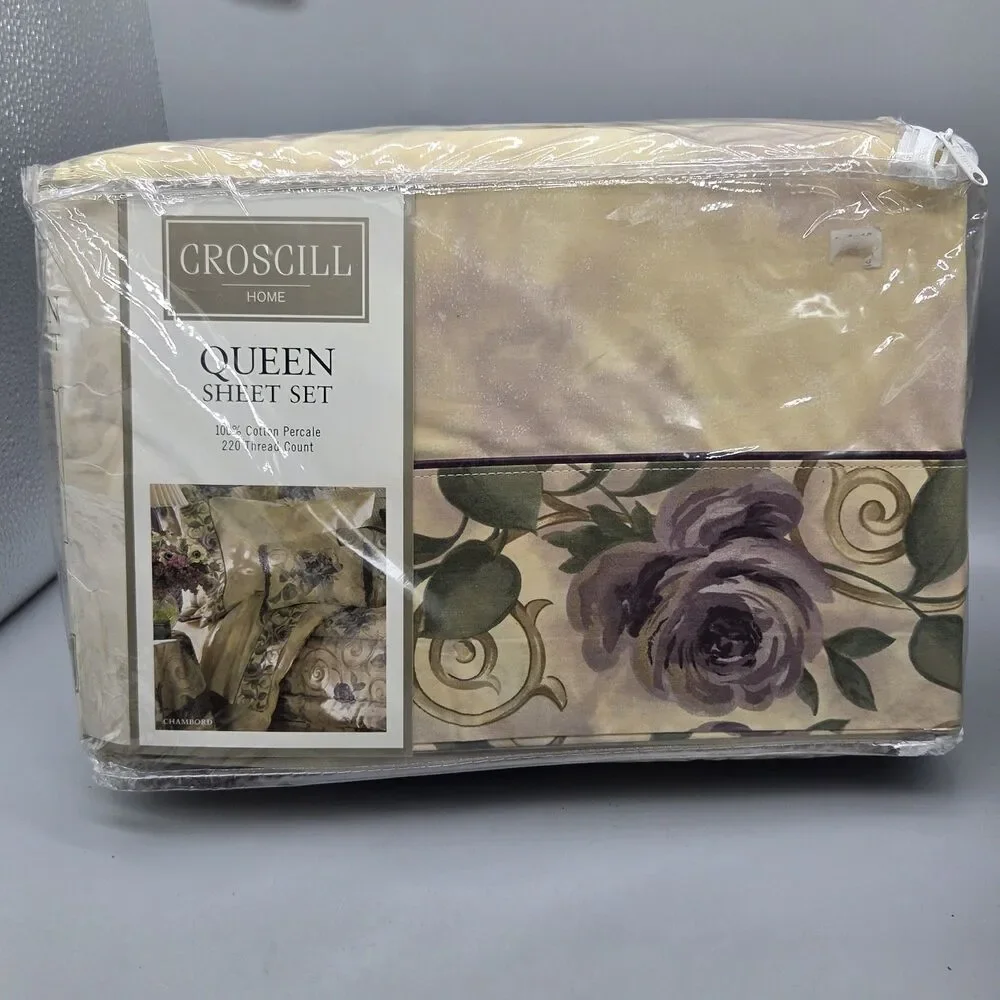 CROSCILL QUEEN SHEET SET CASSIS CHAMBORD PURPLE AMETHYST FLORAL (4P)  NEW